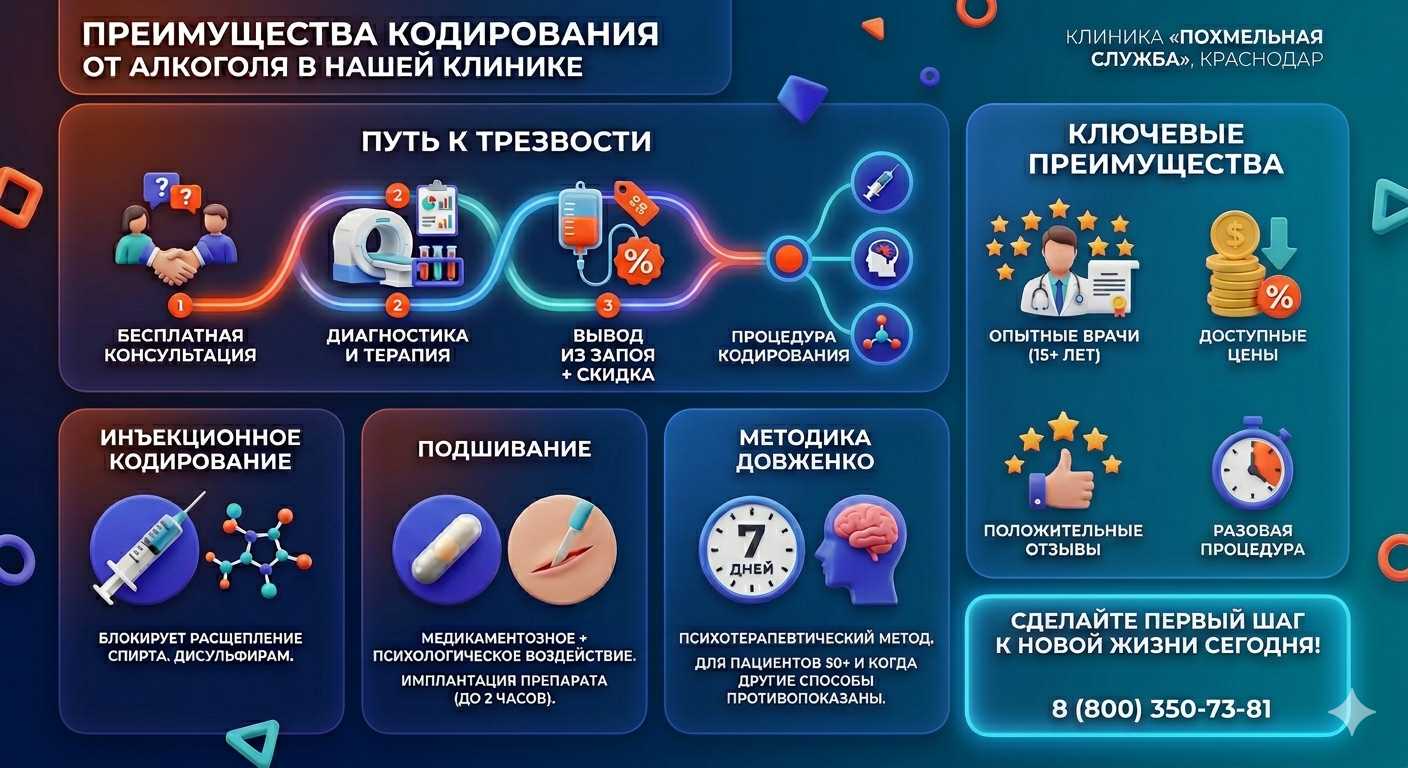 Инфографика о методах кодирования от алкоголя в Макеевке: инъекции, подшивание, метод Довженко. Преимущества клиники и этапы лечения.